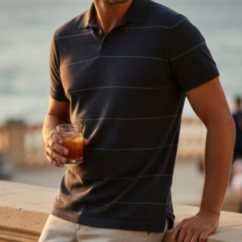 Banana Republic XL Silk Stripe Polo Shirt Black Minimalist Preppy Quiet Luxury